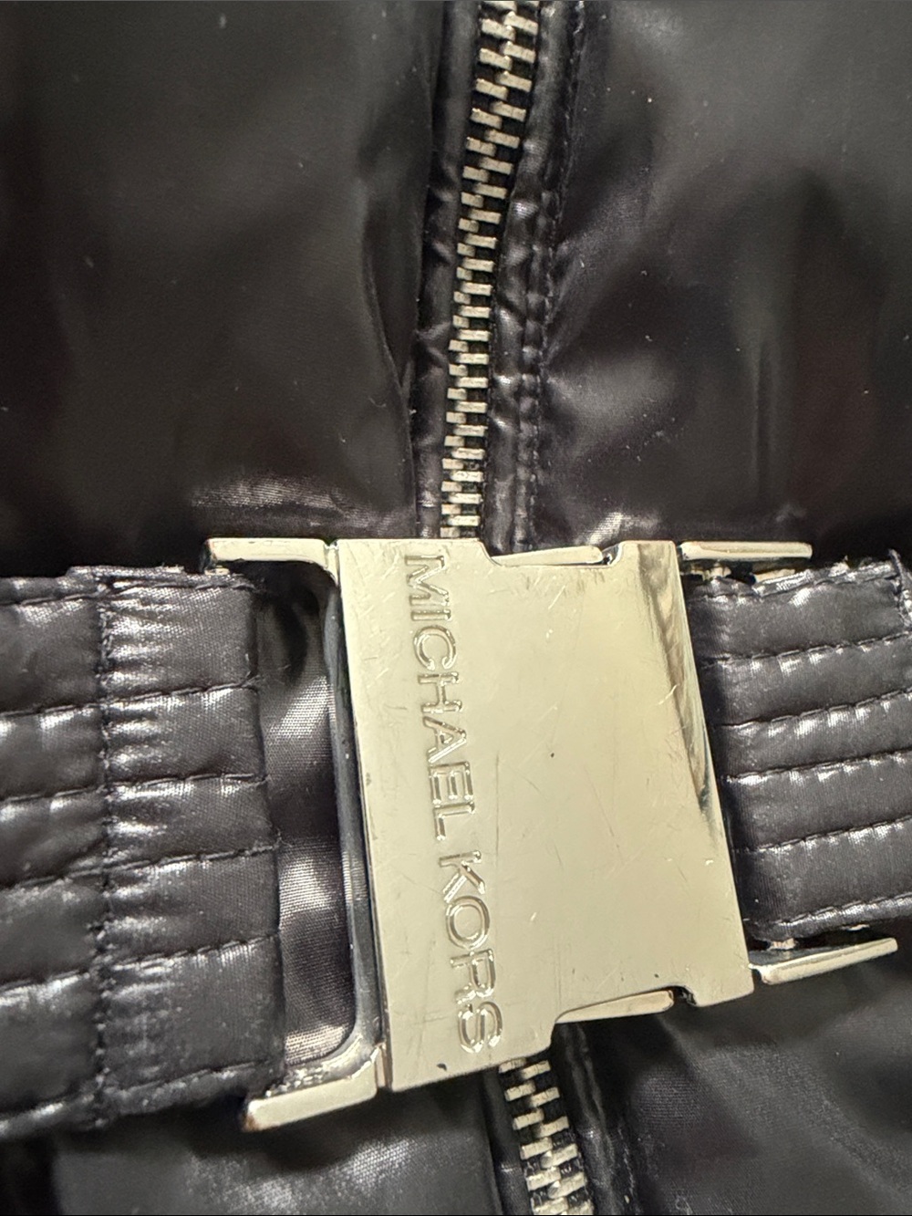 Michael Kors Black Shiny Quilted Puffer Vest with Faux Fur Hood - Picture 14 of 15